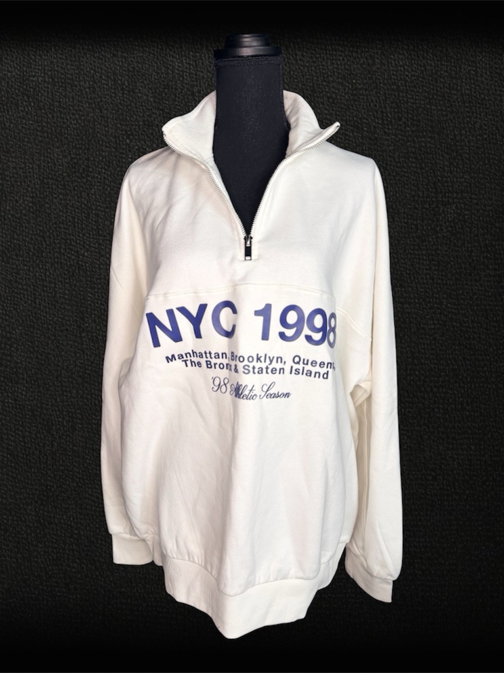 Bershka White Half-Zip Sweatshirt with Blue NYC 1998 Graphic